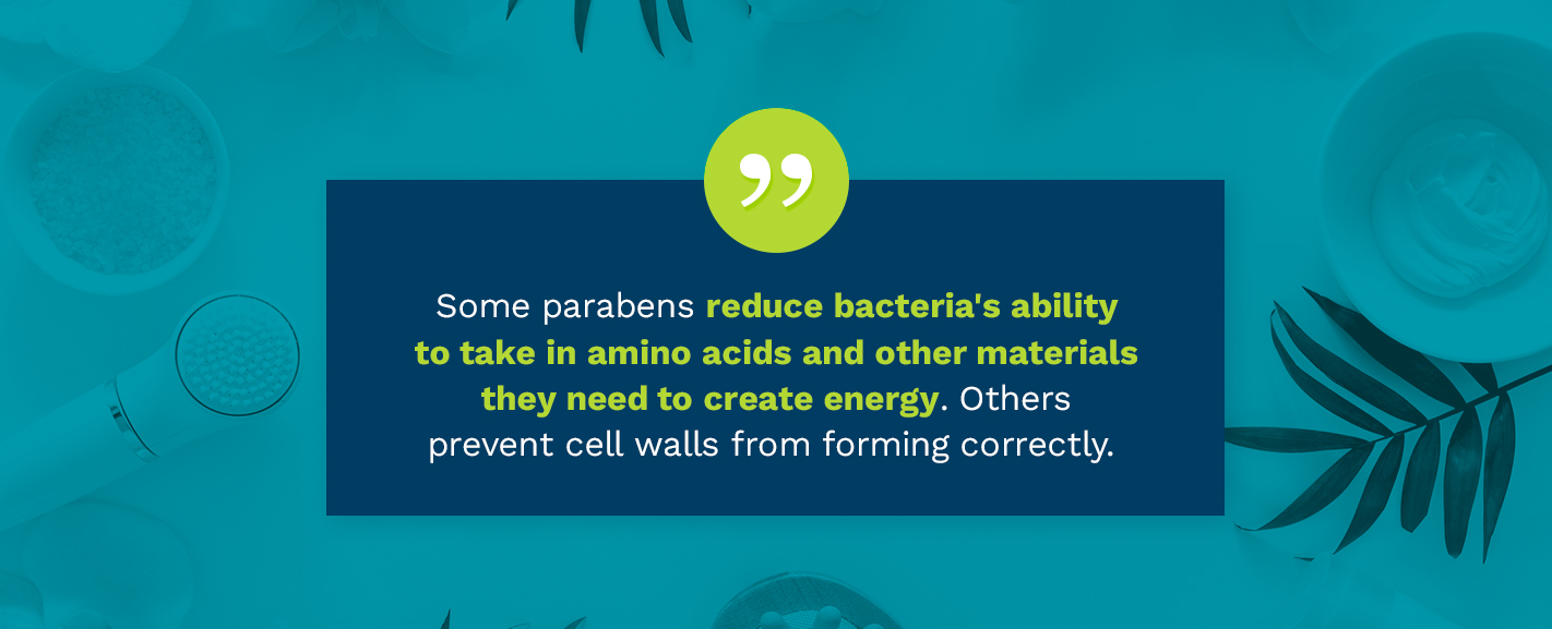 Some parabens reduce bacteria's ability to take in amino acids and materials needed to create energy