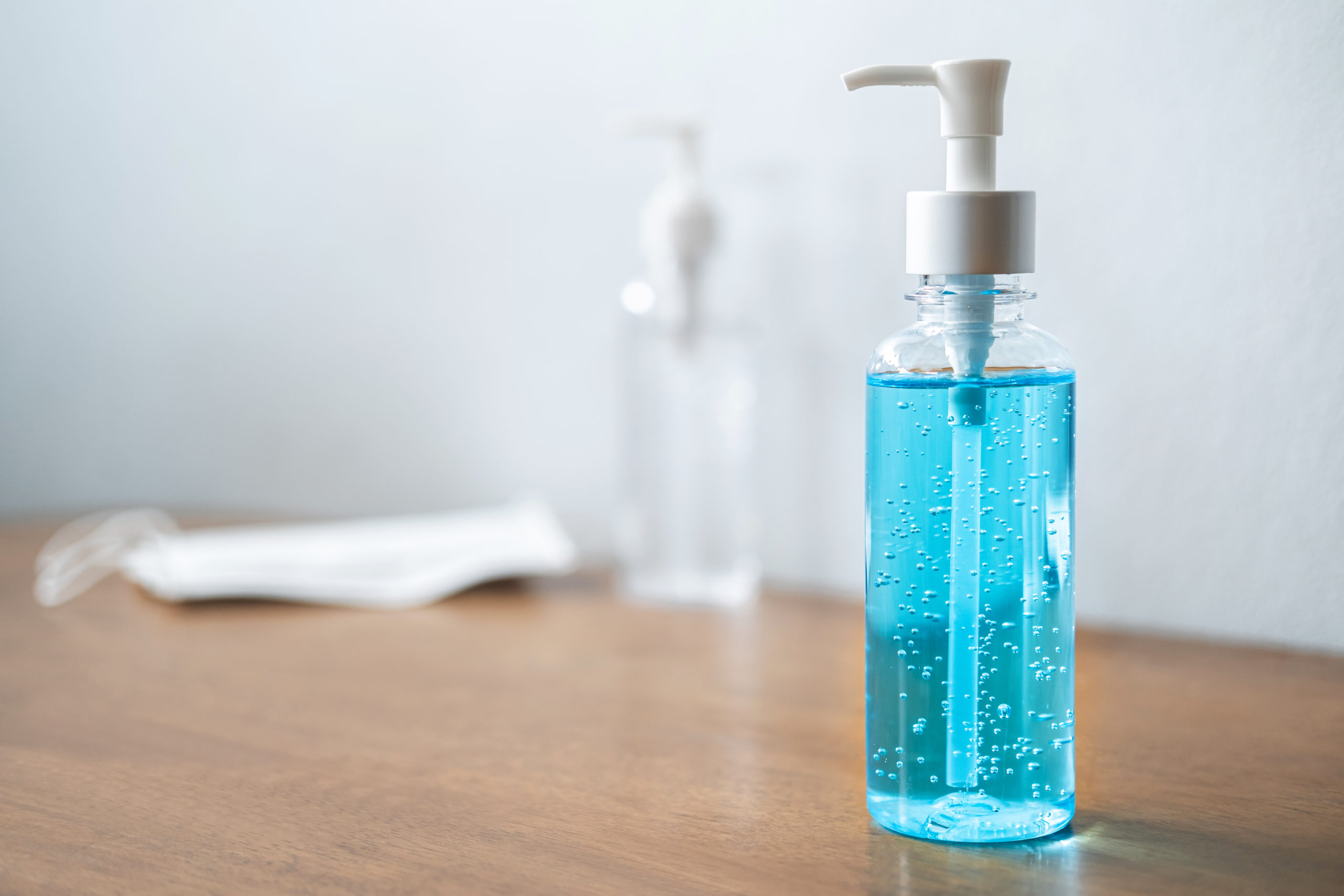 Thick blue liquid displayed in hand pump bottle